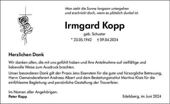 Traueranzeige von Irmgard Kopp von Weilburger Tageblatt
