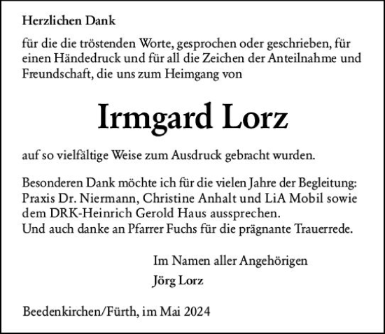 Traueranzeige von Irmgard Lorz von Bergsträßer Anzeiger