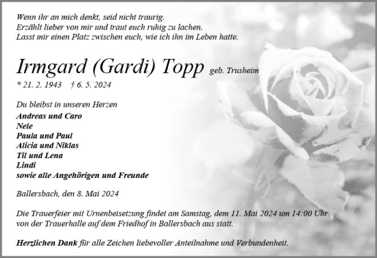 Traueranzeige von Irmgard Topp von Dill Block