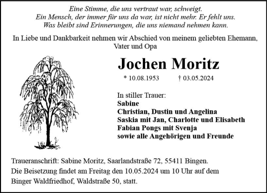 Traueranzeige von Jochen Moritz von Allgemeine Zeitung Bingen/Ingelheim