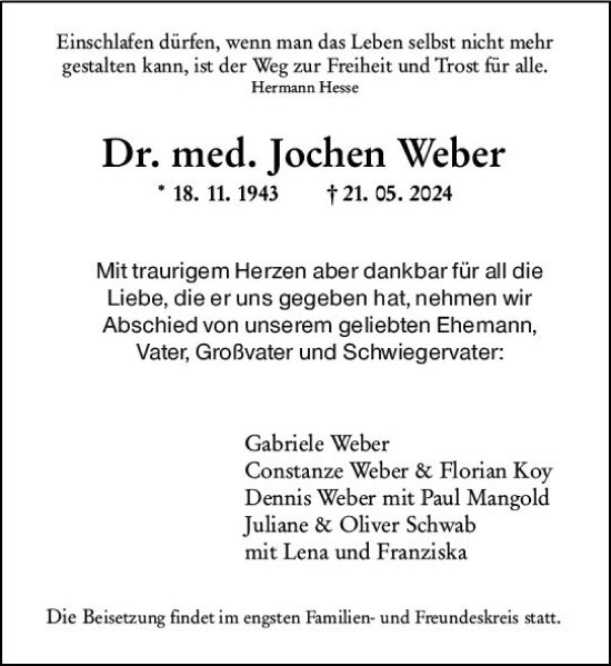Traueranzeige von Jochen Weber von Rüsselsheimer Echo