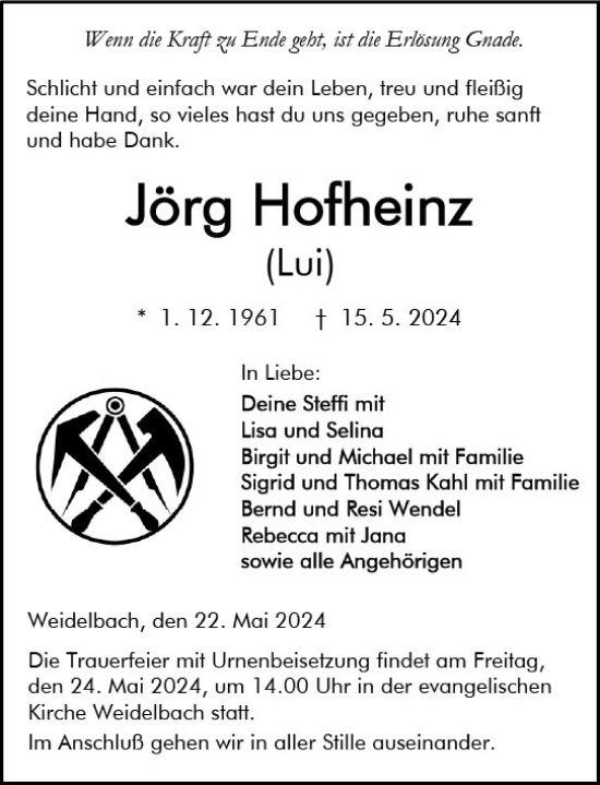 Traueranzeige von Jörg Hofheinz von Dill Block