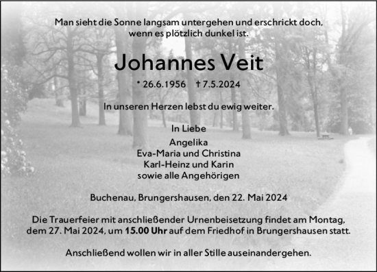 Traueranzeige von Johannes Veit von Hinterländer Anzeiger