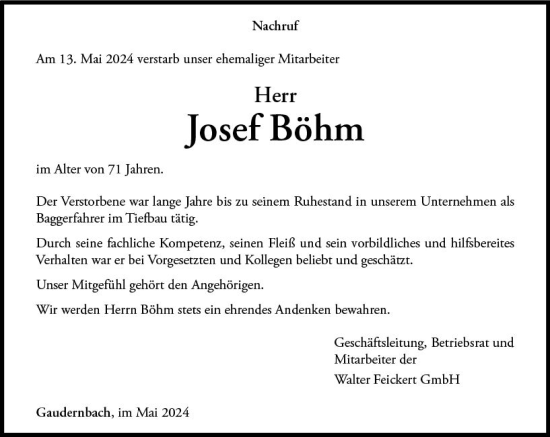 Traueranzeige von Josef Böhm von Weilburger Tageblatt
