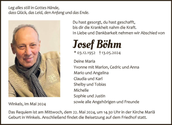 Traueranzeige von Josef Böhm von Weilburger Tageblatt