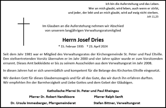 Traueranzeige von Josef Dries von Rheingau Kurier