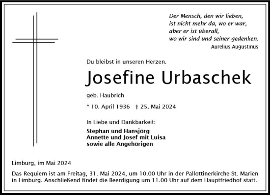Traueranzeige von Josefine Urbaschek von Nassauische Neue Presse