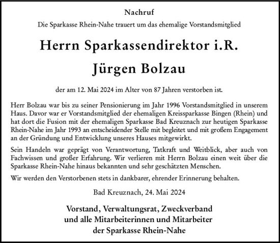 Traueranzeige von Jürgen Bolzau von Allgemeine Zeitung Bingen/Ingelheim