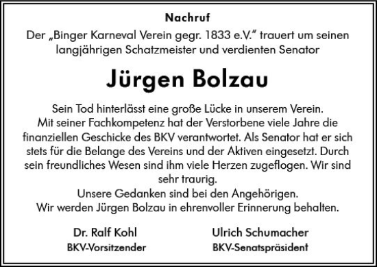 Traueranzeige von Jürgen Bolzau von Binger-/Ingelheimer Wochenblatt