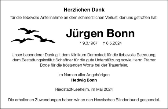 Traueranzeige von Jürgen Bonn von Groß-Gerauer Echo