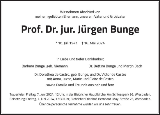 Traueranzeige von Jürgen Bunge von Wiesbadener Kurier