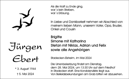 Traueranzeige von Jürgen Ebert von Allgemeine Zeitung Mainz