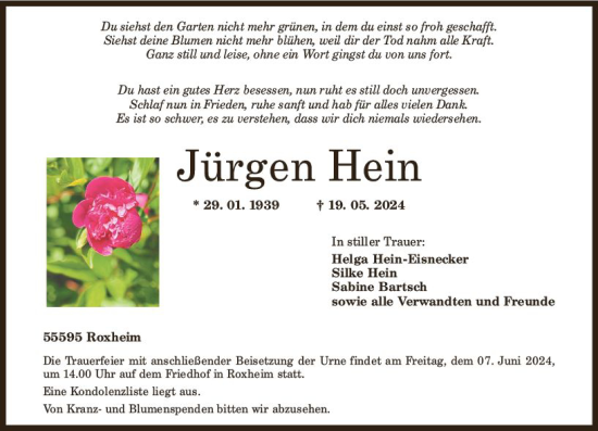 Traueranzeige von Jürgen Hein von Allgemeine Zeitung Bad Kreuznach