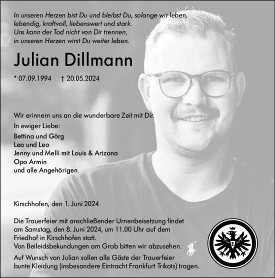 Traueranzeige von Julian Dillmann von Weilburger Tageblatt