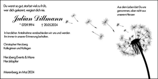 Traueranzeige von Julian Dillmann von Weilburger Tageblatt