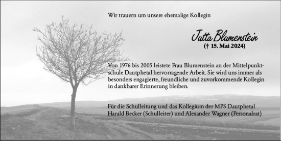 Traueranzeige von Jutta Blumenstein von Hinterländer Anzeiger