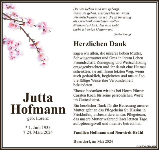 Traueranzeige von Jutta Hofmann von Nassauische Neue Presse