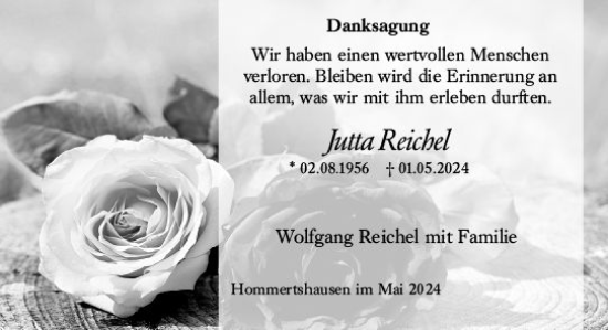 Traueranzeige von Jutta Reichel von Hinterländer Anzeiger