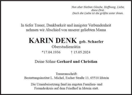 Traueranzeige von Karin Denk von Idsteiner Land/Untertaunus