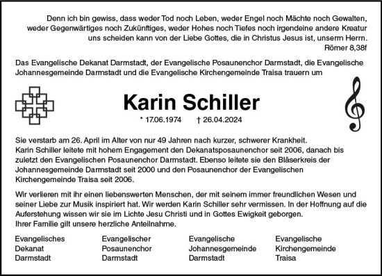 Traueranzeige von Karin Schiller von Darmstädter Echo