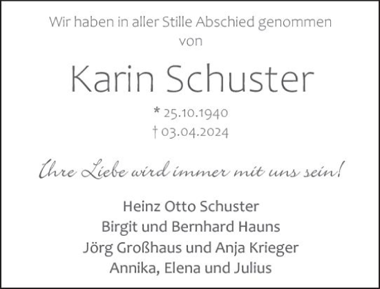 Traueranzeige von Karin Schuster von Wetzlarer Neue Zeitung