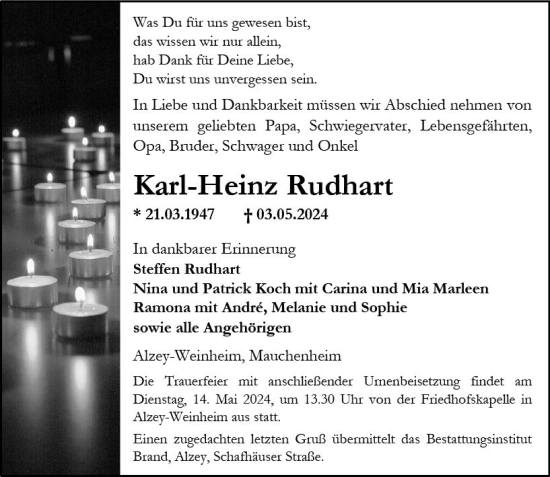Traueranzeige von Karl-Heinz Rudhart von Allgemeine Zeitung Alzey