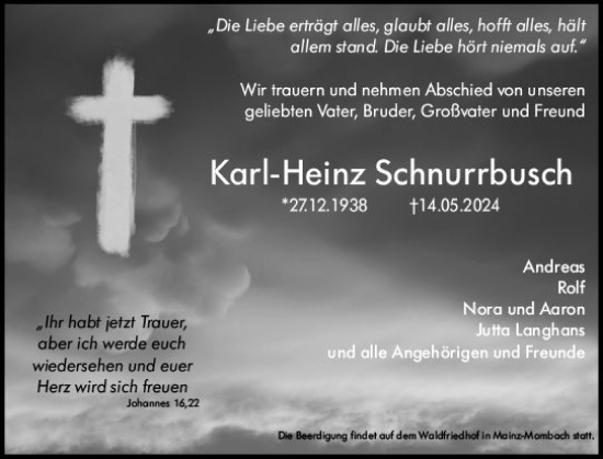 Traueranzeige von Karl-Heinz Schnurrbusch von Allgemeine Zeitung Mainz