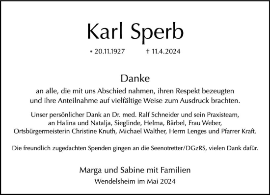 Traueranzeige von Karl Sperb von Allgemeine Zeitung Mainz