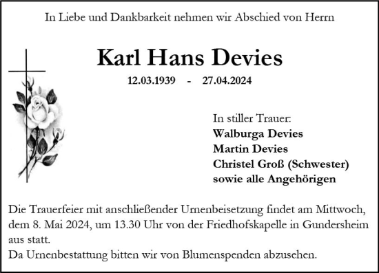 Traueranzeige von Karl Hans Devies von Wormser Zeitung