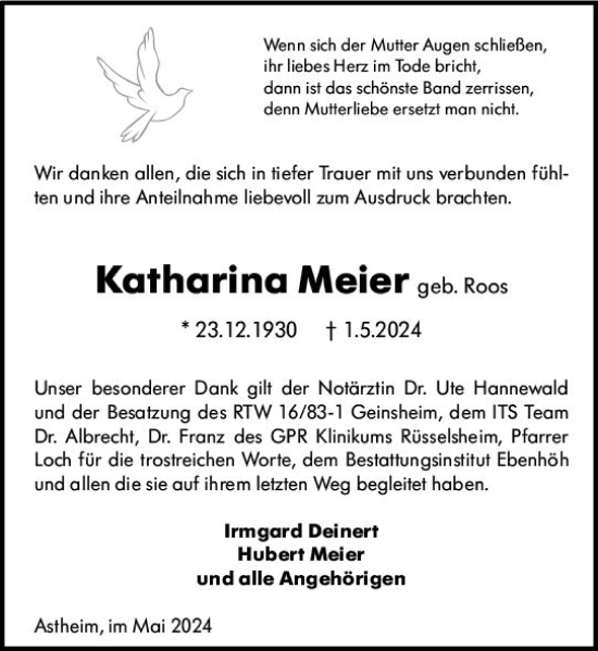 Traueranzeige von Katharina Meier von Rüsselsheimer Echo