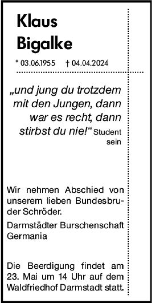 Traueranzeige von Klaus Bigalke von Darmstädter Echo