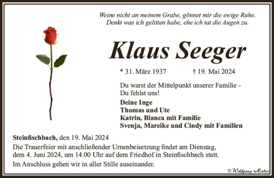 Traueranzeige von Klaus Seeger von Camberger Anzeiger