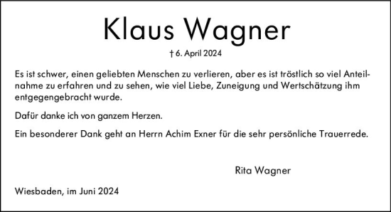 Traueranzeige von Klaus Wagner von Wiesbadener Kurier