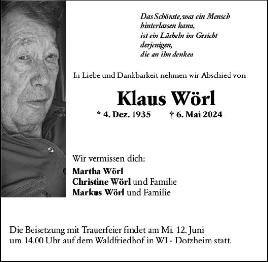 Traueranzeige von Klaus Wörl von Wiesbadener Kurier