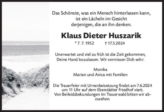 Traueranzeige von Klaus Dieter Huszarik von Darmstädter Echo