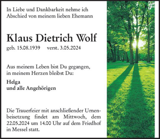 Traueranzeige von Klaus Dietrich Wolf von Darmstädter Echo