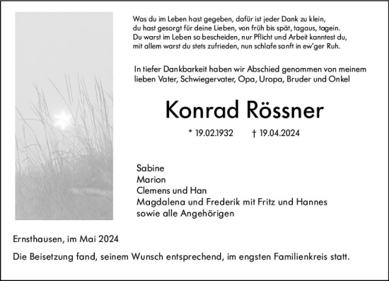Traueranzeige von Konrad Rössner von Weilburger Tageblatt