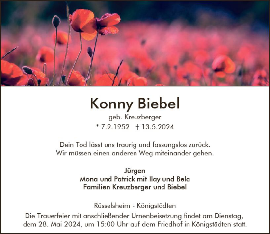 Traueranzeige von Kornelia Biebel von Rüsselsheimer Echo