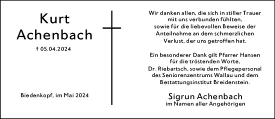 Traueranzeige von Kurt Achenbach von Hinterländer Anzeiger