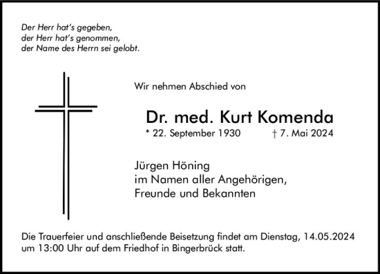 Traueranzeige von Kurt Kornenda von Allgemeine Zeitung Bad Kreuznach