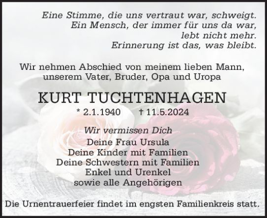Traueranzeige von Kurt Tuchtenhagen von Darmstädter Echo
