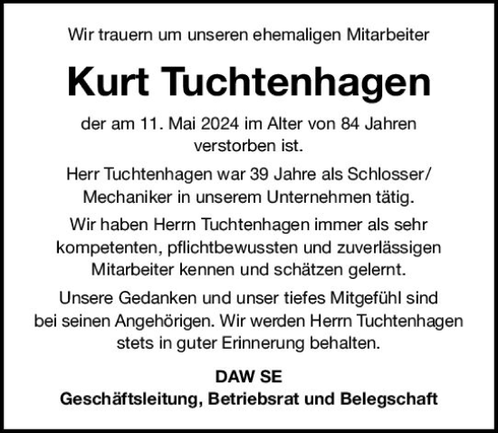 Traueranzeige von Kurt Tuchtenhagen von Darmstädter Echo