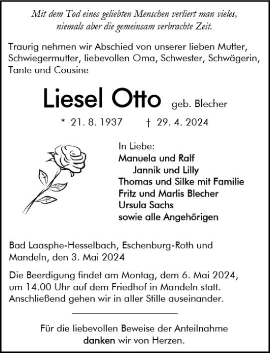 Traueranzeige von Liese Otto von Dill Block