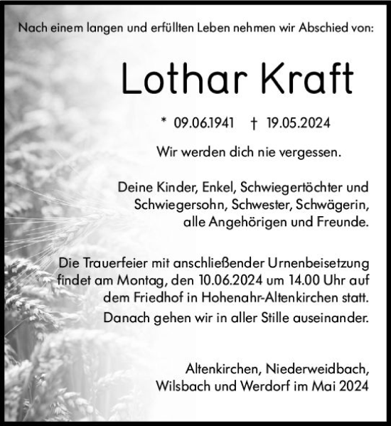 Traueranzeige von Lothar Kraft von Dill Block