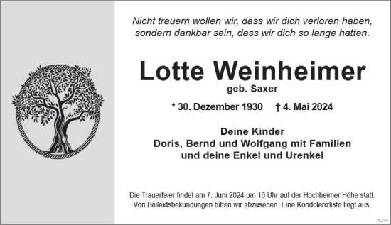 Traueranzeige von Lotte Weinheimer von Wormser Zeitung