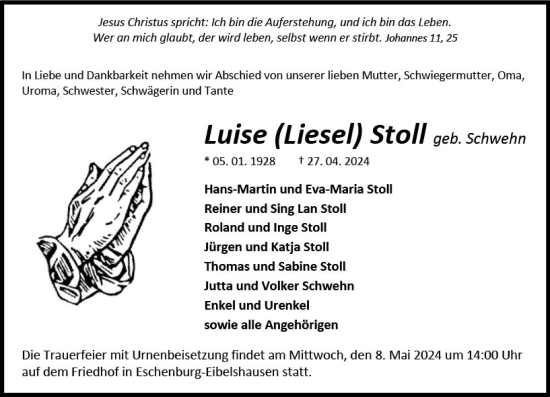 Traueranzeige von Luise Stoll von Dill Block