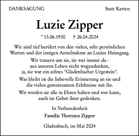 Traueranzeige von Luzie Zipper von Hinterländer Anzeiger
