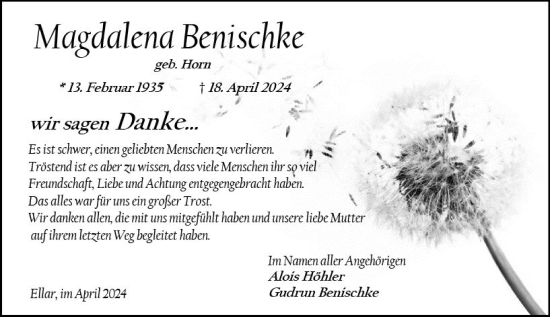 Traueranzeige von Magdalena Benischke von Nassauische Neue Presse