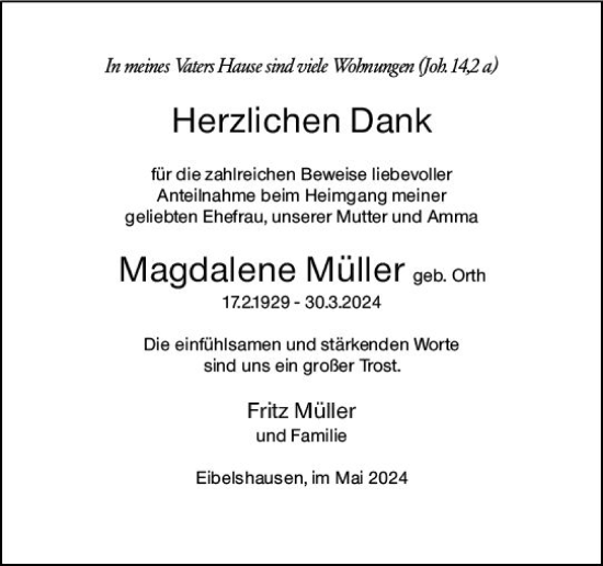 Traueranzeige von Magdalene Müller von Dill Block