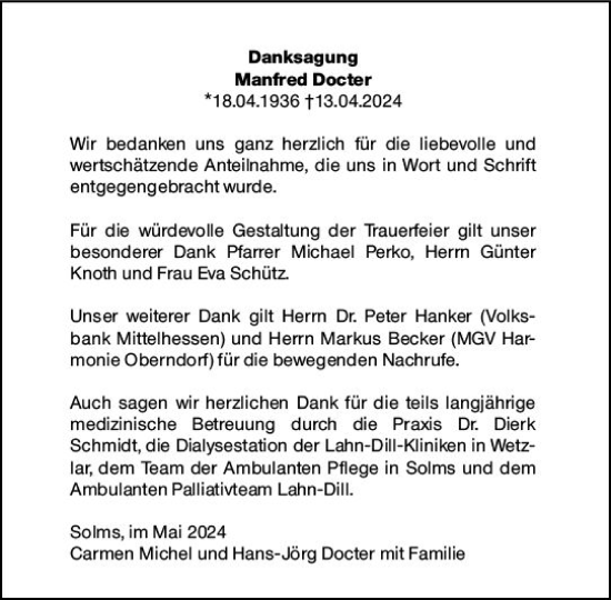 Traueranzeige von Manfred Docter von Wetzlarer Neue Zeitung